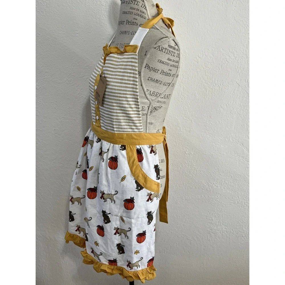 Harvest & Co Cat Pumpkin Fall Apron NWT Mustard Stripe Cotton Ruffle Pockets